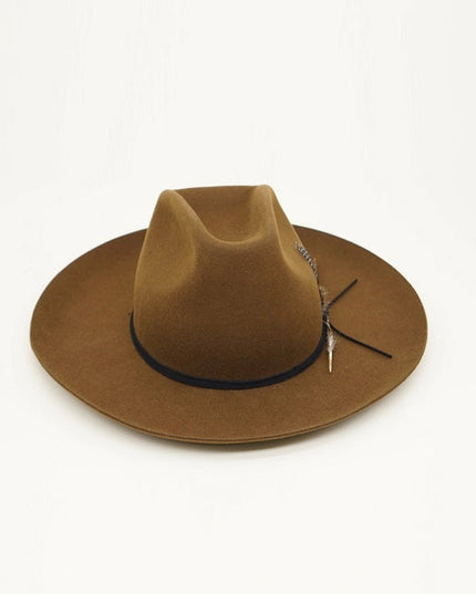 Western Cowboy Hat, 100% Wool Felt, Feather Trim, Cognac