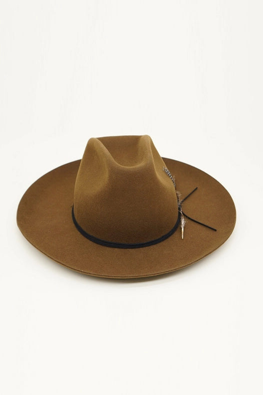 Western Cowboy Hat, 100% Wool Felt, Feather Trim, Cognac