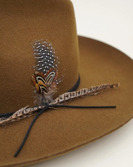 Western Cowboy Hat, 100% Wool Felt, Feather Trim, Cognac