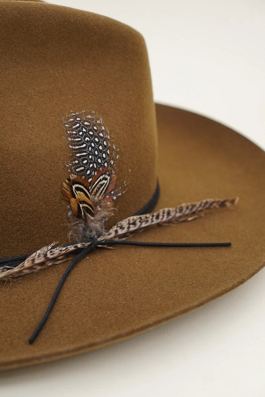 Western Cowboy Hat, 100% Wool Felt, Feather Trim, Cognac