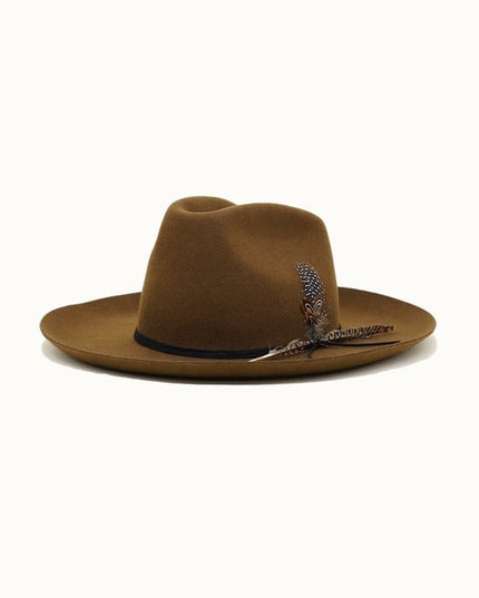 Western Cowboy Hat, 100% Wool Felt, Feather Trim, Cognac