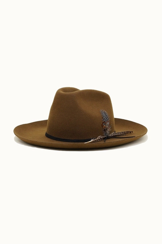 Western Cowboy Hat, 100% Wool Felt, Feather Trim, Cognac