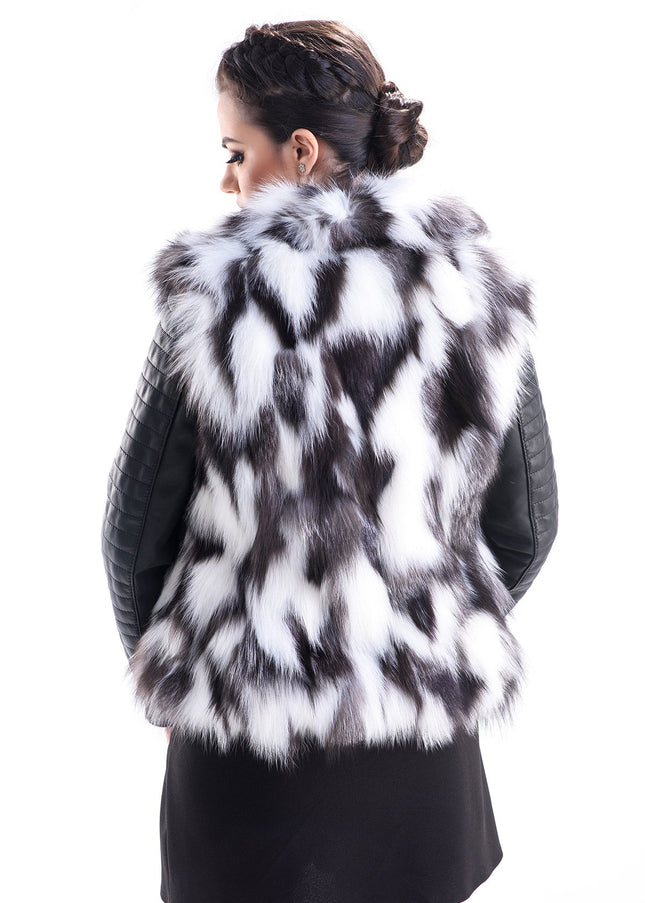 White Black Genuine Arctic Fox Fur Lamb Nappa Leather Jacket-1