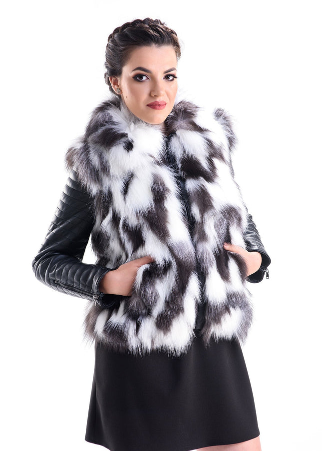 White Black Genuine Arctic Fox Fur Lamb Nappa Leather Jacket-0