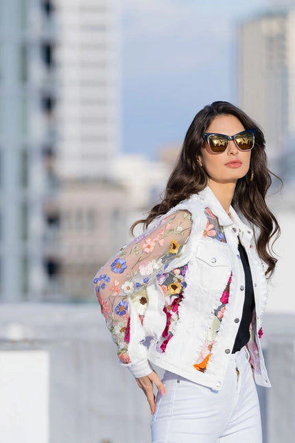 White Denim Jacket with Floral Embroidery