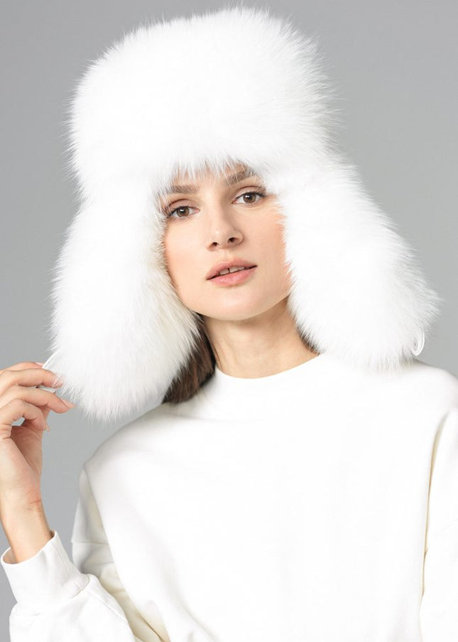 White Genuine Arctic Fox Fur Sheepskin Hat-0