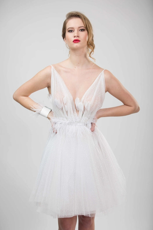 White Glitter Tulle Feather Dress