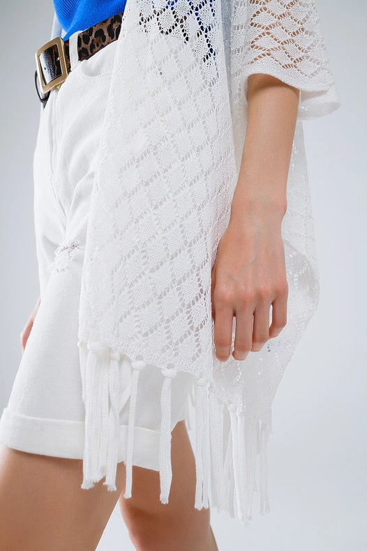 White Open Cardigan with Fringe Ends and 3/4 Sleeves