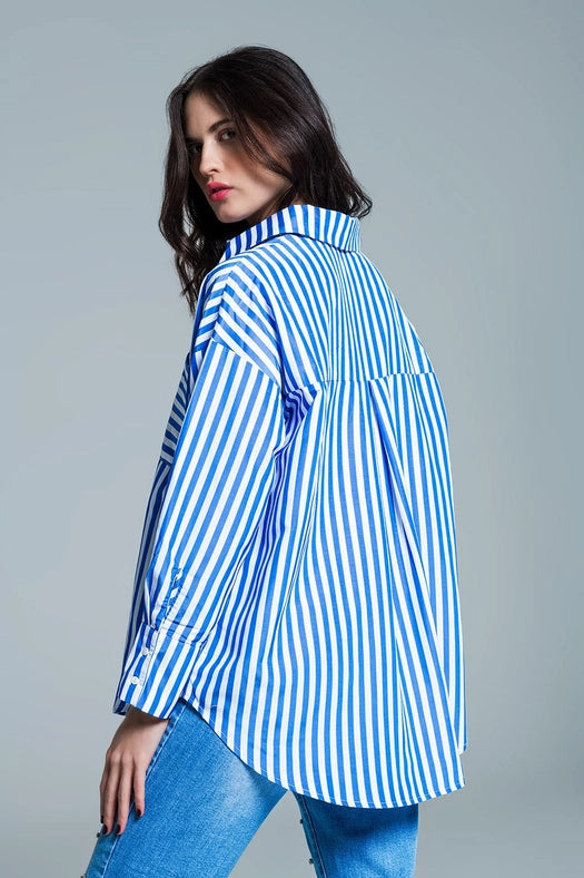 White Oversized Blouse with Vertical Stripes in Blue and Che