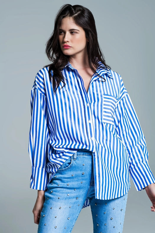 White Oversized Blouse with Vertical Stripes in Blue and Che