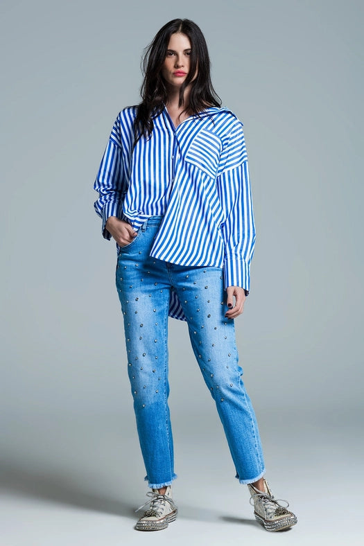 White Oversized Blouse with Vertical Stripes in Blue and Che