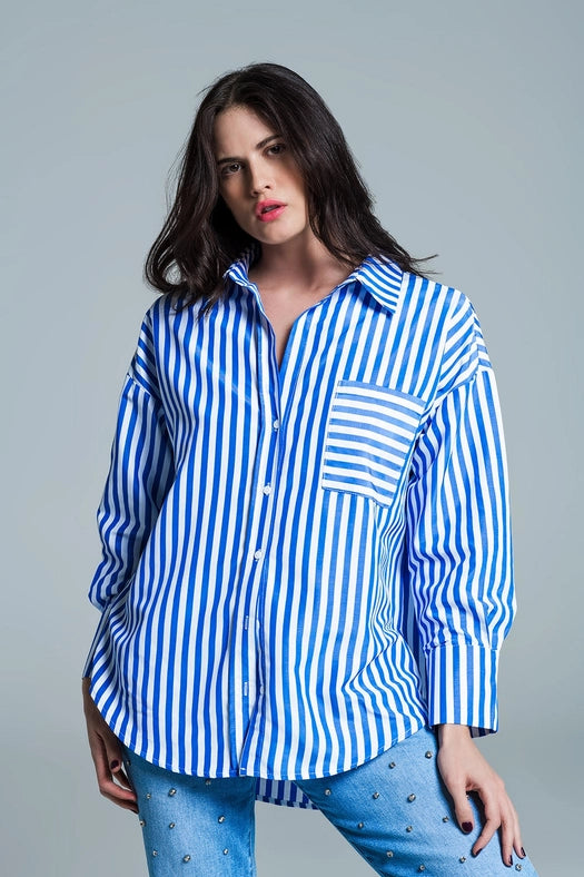 White Oversized Blouse with Vertical Stripes in Blue and Che