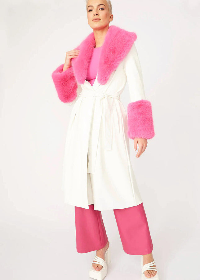 White Pink Faux Leather Trench Coat with Faux Fur Collar and Cuffs-0