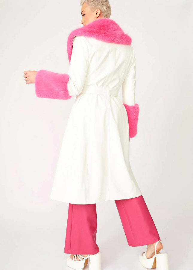 White Pink Faux Leather Trench Coat with Faux Fur Collar and Cuffs-3