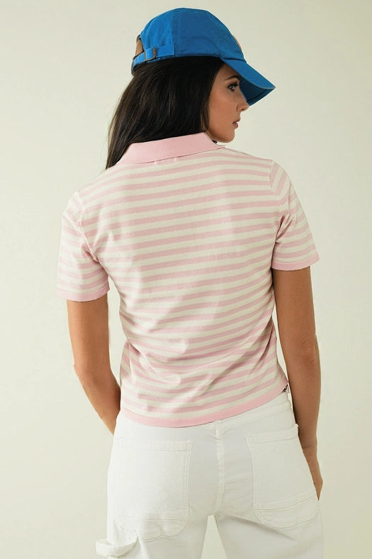 White Short Sleeves Polo Shirt with Light Pink Stripes and F