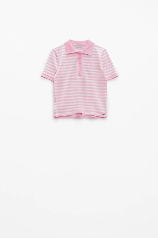 White Short Sleeves Polo Shirt with Light Pink Stripes and F