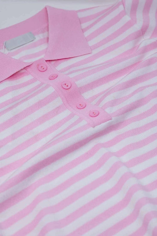 White Short Sleeves Polo Shirt with Light Pink Stripes and F