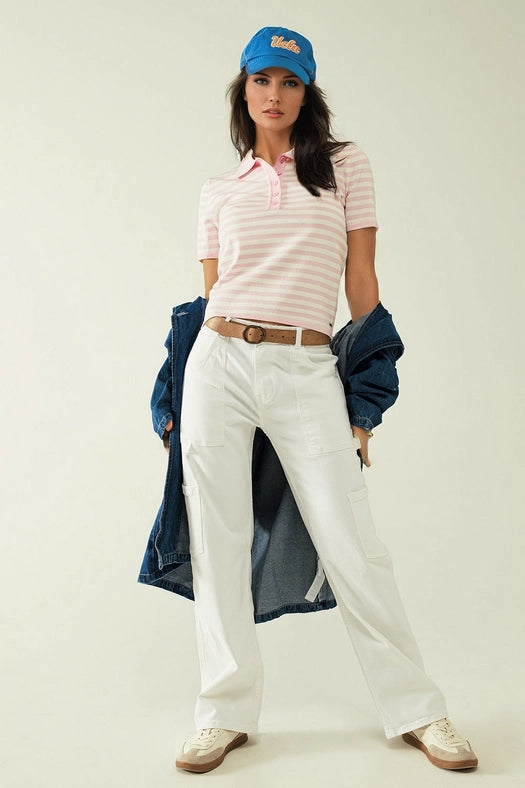 White Short Sleeves Polo Shirt with Light Pink Stripes and F