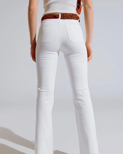 White Skinny Flared Jeans With Front Pocket Detail