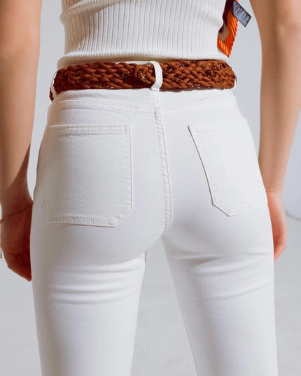 White Skinny Flared Jeans With Front Pocket Detail