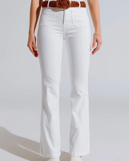 White Skinny Flared Jeans With Front Pocket Detail