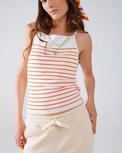 White Top with Orange Stripes and Thin Straps