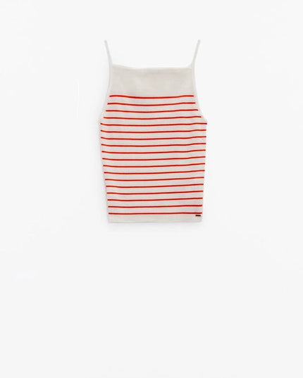 White Top with Orange Stripes and Thin Straps