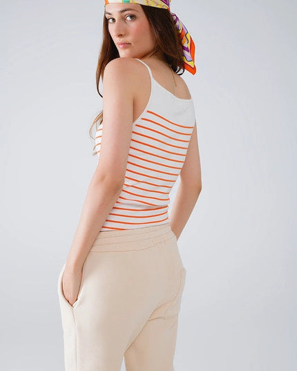 White Top with Orange Stripes and Thin Straps