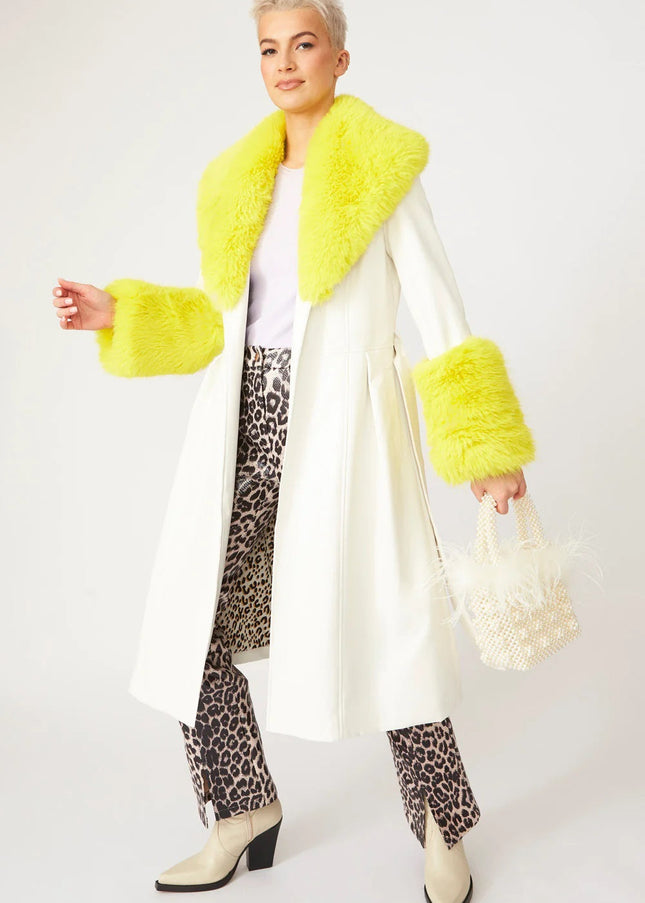 White Yellow Faux Leather Trench Coat with Faux Fur Collar and Cuffs-0