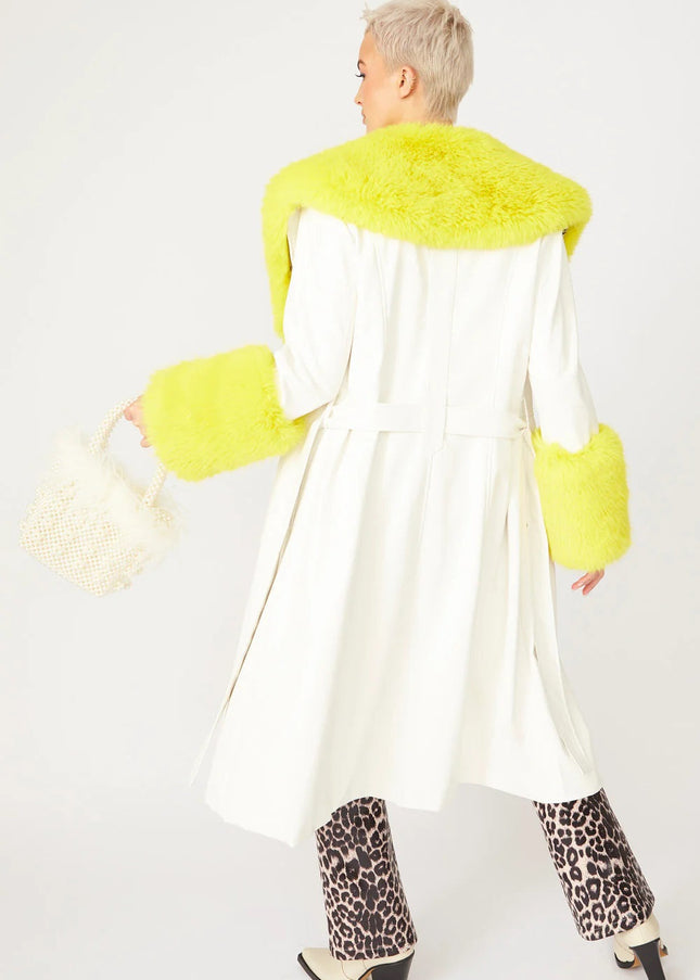 White Yellow Faux Leather Trench Coat with Faux Fur Collar and Cuffs-3