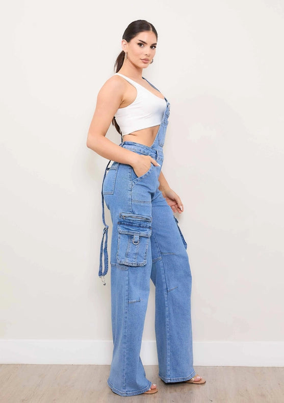 Wide Leg Dungaree Cargo Jumpsuit