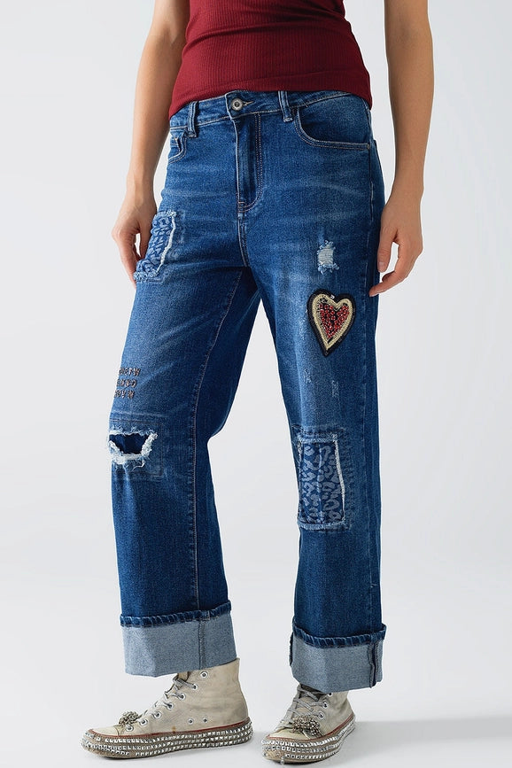 Wide Leg Jeans Embellished with Some Patches