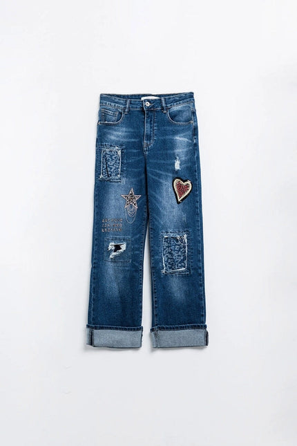 Wide Leg Jeans Embellished with Some Patches