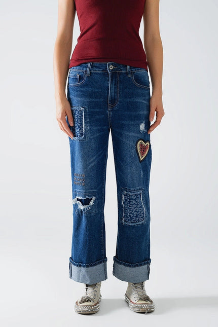 Wide Leg Jeans Embellished with Some Patches