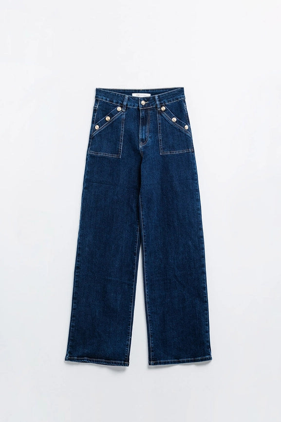 Wide Leg Jeans with 3 Button Detail