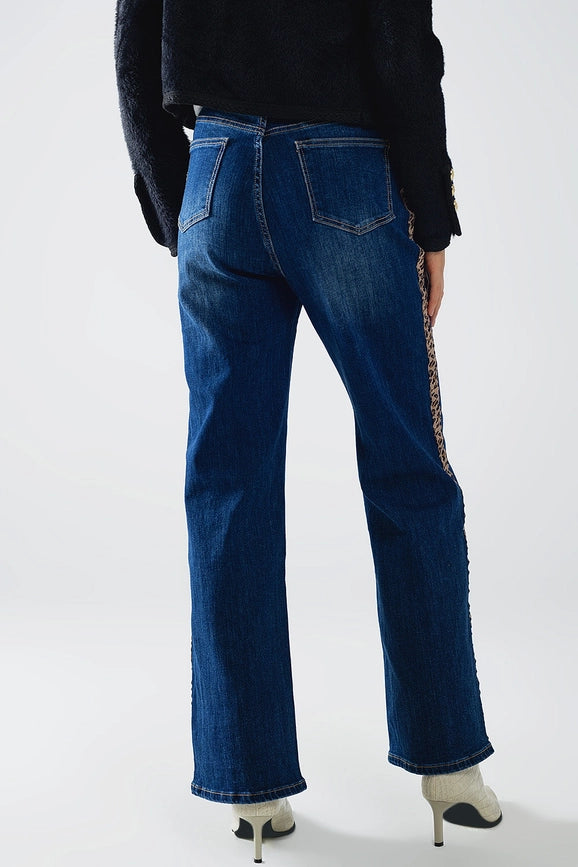 Wide Leg Jeans with Leopard Stripe On Side