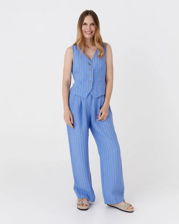 Wide Leg Linen Pants Rome in Blue Stripes