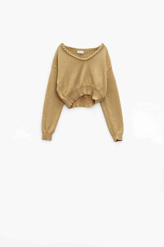 Wide V-Neck Light Sweater with Braided Detail in Gold