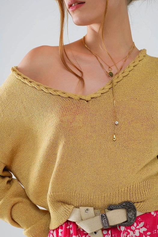 Wide V-Neck Light Sweater with Braided Detail in Gold