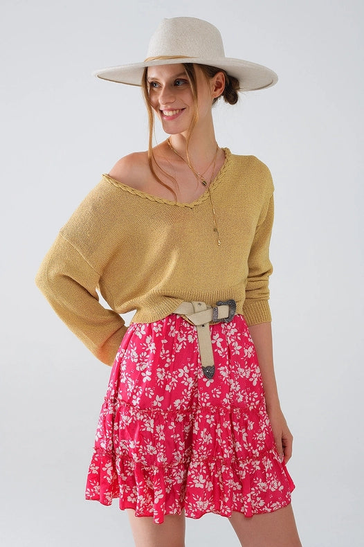 Wide V-Neck Light Sweater with Braided Detail in Gold