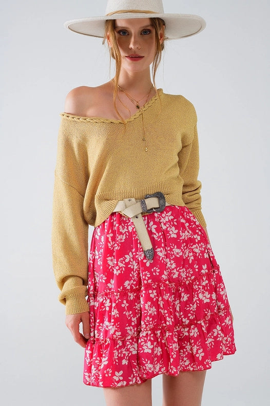 Wide V-Neck Light Sweater with Braided Detail in Gold