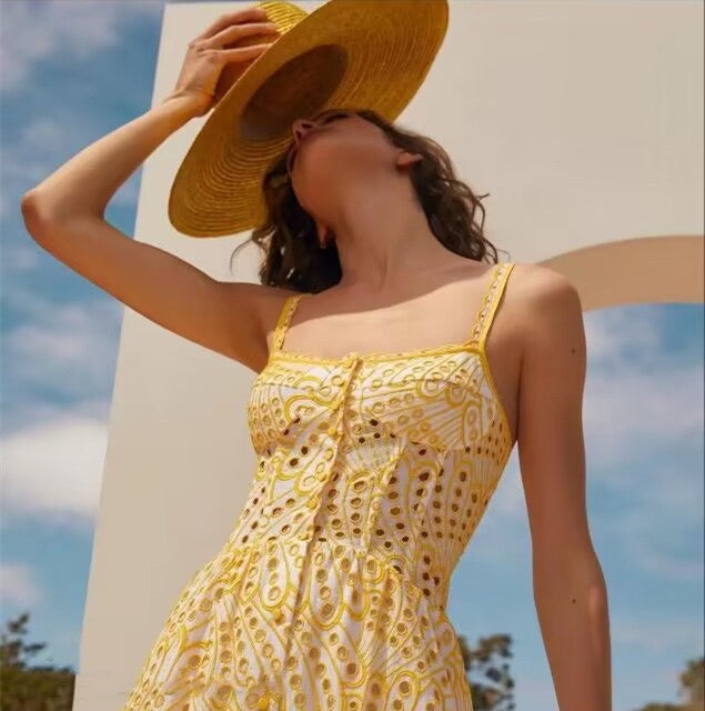 Women Elegant Lace Dress - Beach & Resort Ready Yellow-Dress-Productseeker-Urbanheer