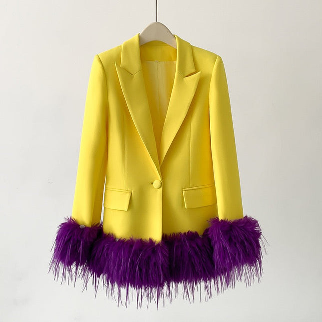 Women Feathered Straight Suit Runway Fashion Blazer-Blazer-Productseeker-XS-Yellow-Urbanheer