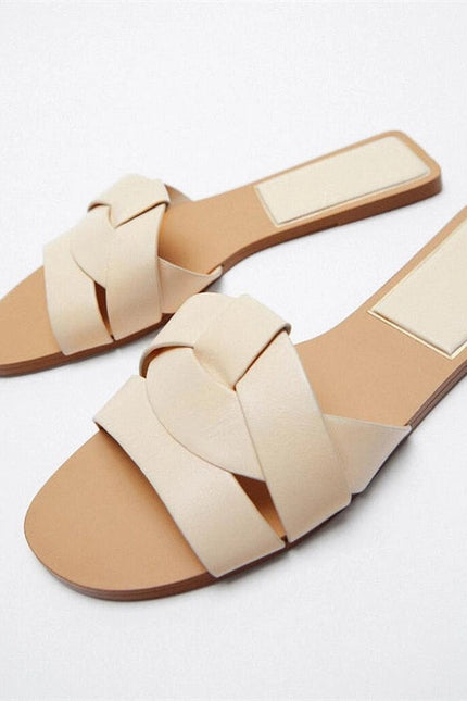 Women Gold Flat Sandals Criss-Cross Leather