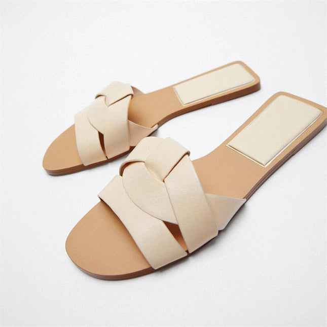 Women Gold Flat Sandals Criss-Cross Leather