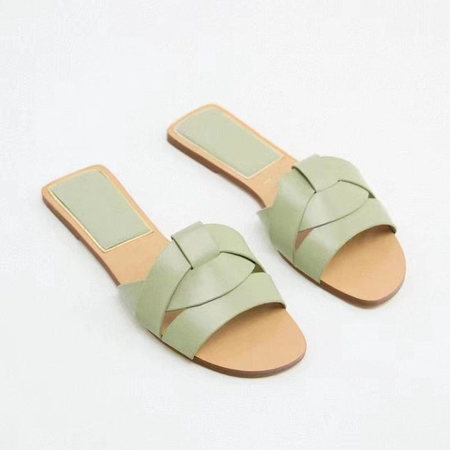 Women Gold Flat Sandals Criss-Cross Leather