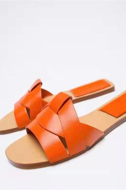 Women Gold Flat Sandals Criss-Cross Leather