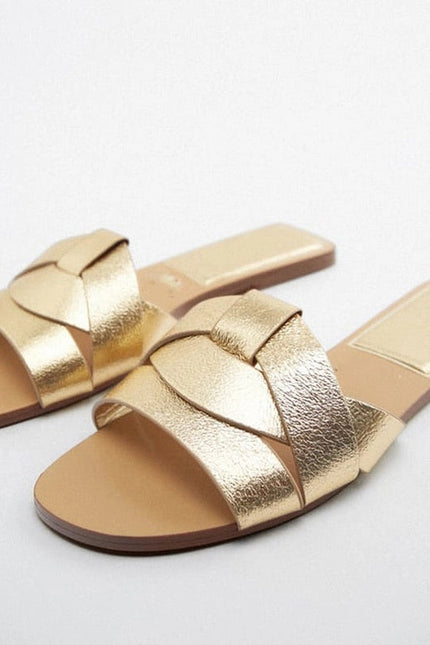 Women Gold Flat Sandals Criss-Cross Leather