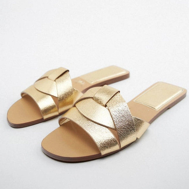 Women Gold Flat Sandals Criss-Cross Leather