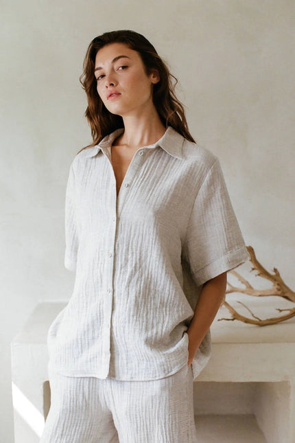 Woven Cotton Button Down Short Sleeve Shirt Top